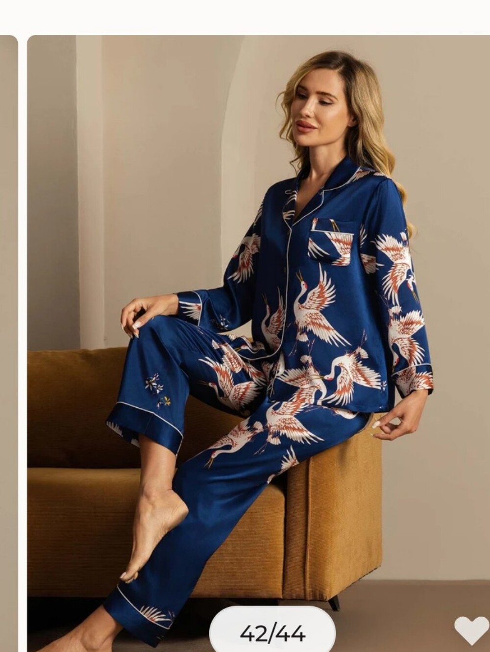 Naval Blue Crane-Print Satin Pajama Set for Women